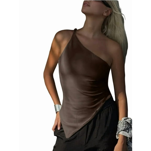 Womens 2025 Summer Y2K Tops Sleeveless One Shoulder Slim Fit Shirts Knit Asymmetrical Top Blouse Maroon M