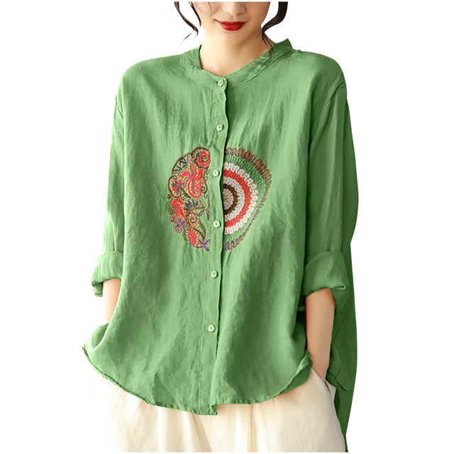 V Cuello Blusas para las Mujeres, de Moda Retro Bordado Cuello Redondo Cinco Cuartos de Manga para el Uso Casual