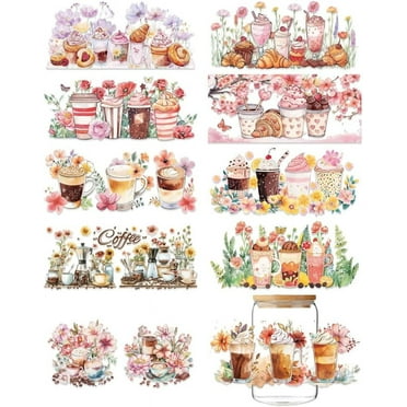10 Sheets UV DTF Coffee Wraps Coffee and Ice Cream Waterproof UV DTF Cup Wraps Transfer Stickers Decals for 16 Oz Glass Cups Milk Tea Cups Coffee Mugs Container Decor