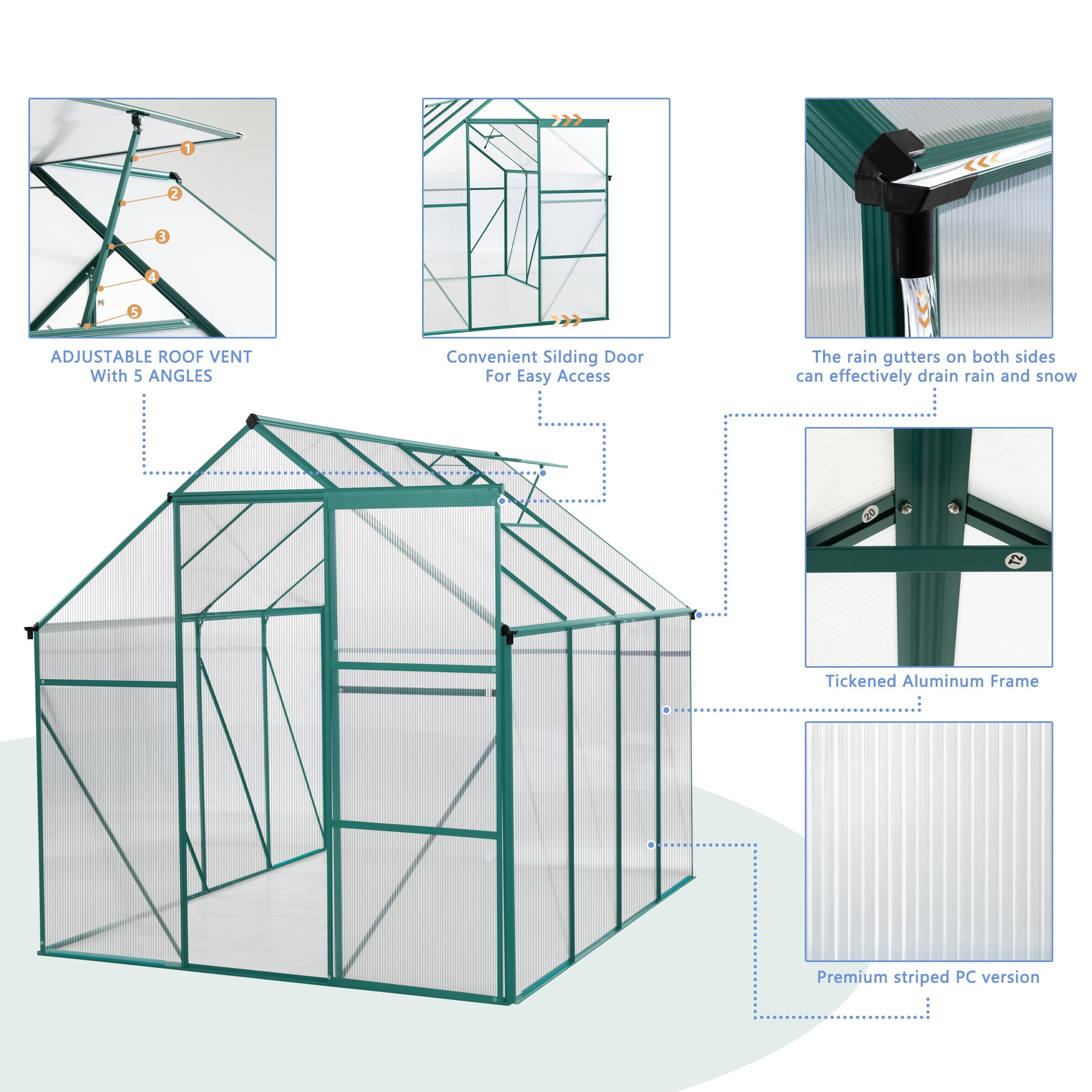 Enyopro 6 x 8 Walk-in Greenhouse Kit for Outdoors, Polycarbonate Green House with Sliding Door, Rain Gutter & Aluminum Frame, Large Plant Grow House for Backyard, Patio, Garden