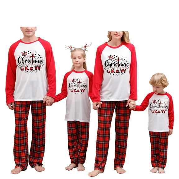 Christmas Family Pajamas Matching Set, Long Sleeve Letters Print T-shirt with Plaid Pants Sleepwear Loungewear