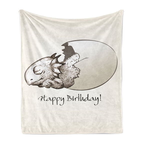 Dinosaur Soft Flannel Fleece Throw Blanket, Happy Birthday Theme Newborn Dinosaur Sleeping Cracked Egg Fantasy Fun, Cozy Plush for Indoor and Outdoor Use, 70" x 90", Eggshell Tan, by Ambesonne
