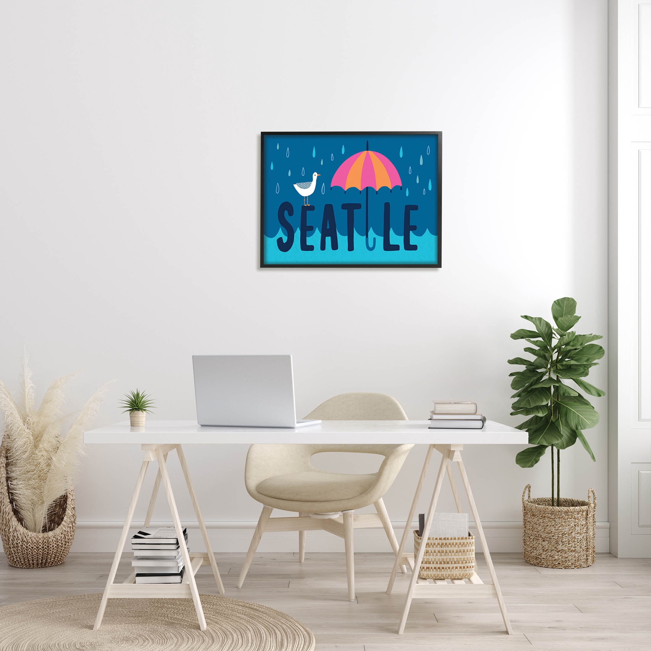Seattle Raindrops Falling Seagull Animals & Insects Graphic Art Black Framed Art Print Wall Art