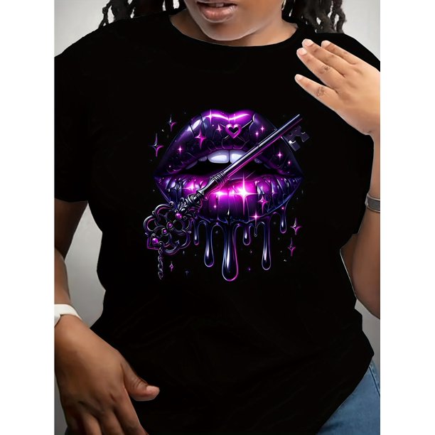 Women'S Purple Crew Neck T-Shirt with Magic Key Lips Design, Casual Short Sleeve Knit Cotton Tee, Spring/Summer Fashion Top, Regular Fit, 180gsm - Purple Lips Magic Key