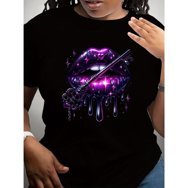 Women'S Purple Crew Neck T-Shirt with Magic Key Lips Design, Casual Short Sleeve Knit Cotton Tee, Spring/Summer Fashion Top, Regular Fit, 180gsm - Purple Lips Magic Key