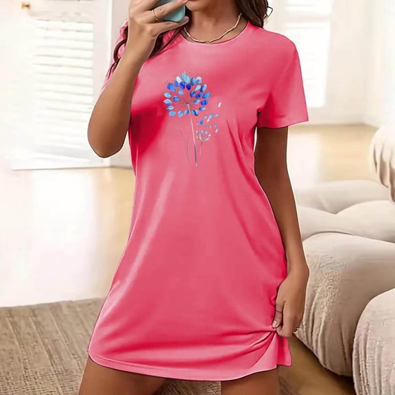 Blmnix Nightshirts Women Nightgown Cotton Nightgowns Cute Nightgowns Sleep Shirt Pink Short Sleeve Crew Neck Nightgowns for Women Plus Size,M