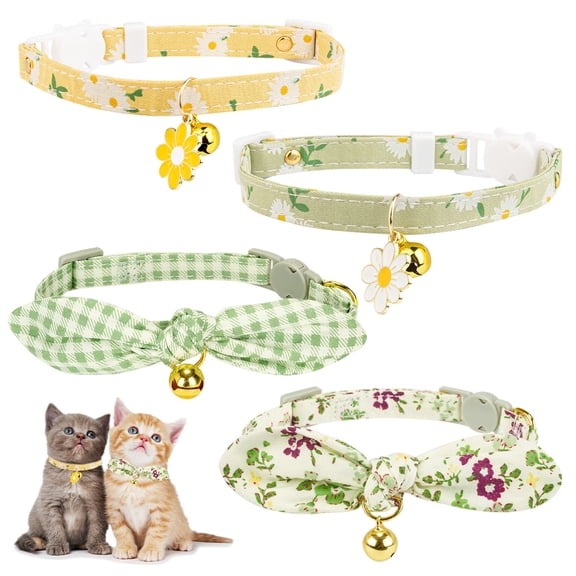 4 Pack Cat Collar, Breakaway Kitten Cat Collar with Bell, Ideal for Girl Cats Boy Cats, Green