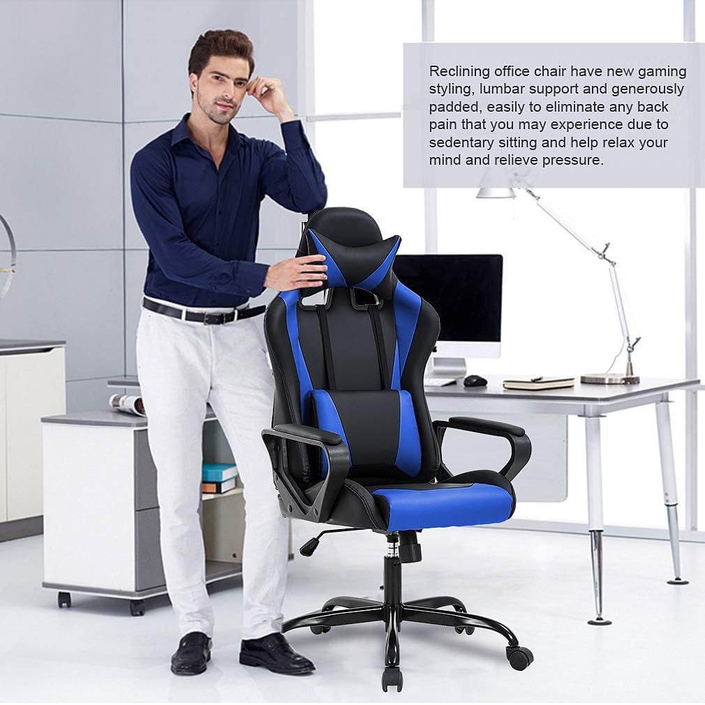BestOffice Racing Style Gaming Chair with Adjustable Pillows and Reclining Backrest for Unisex Gamers(Blue)