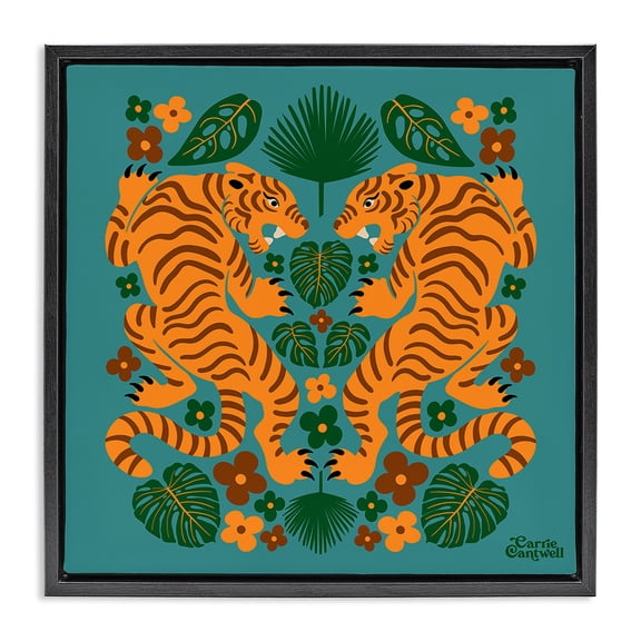 Stupell Industries Bohemian Symmetrical Tigers & Nature Black Floating Frame Canvas Art, 18 x 18, by Carrie Cantwell