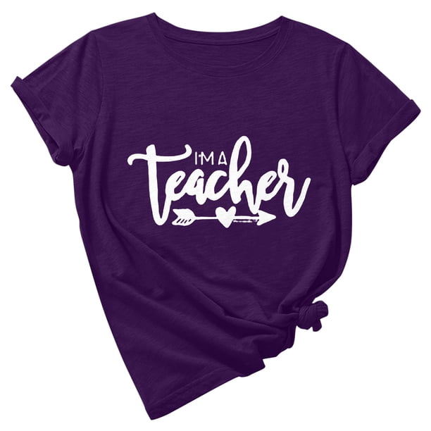 Camiseta de manga corta con estampado bonito para el día del maestro y cuello redondo suelto a la moda para mujer Pompotops hfajkhk137910