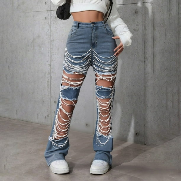 WILLBEST Pantalones Mujer Vaqueros de Mezclilla de Alta Elasticidad para Mujer Con Adornos de Perlas y Detalles Desgastados, Diseño de Pierna Ancha, Pantalones Casuales Cómodos para Uso Diario. Grande