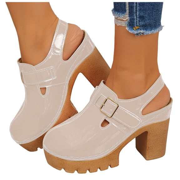 Rokment Platform Chunky High Heels Clogs Slingback Dress Sandals for Women Ladies 2026 Spring Summer Fashion Leather Buckles Closed Toe Chunky Block Heeled Pumps Casual Shoes Beige Size 6.5