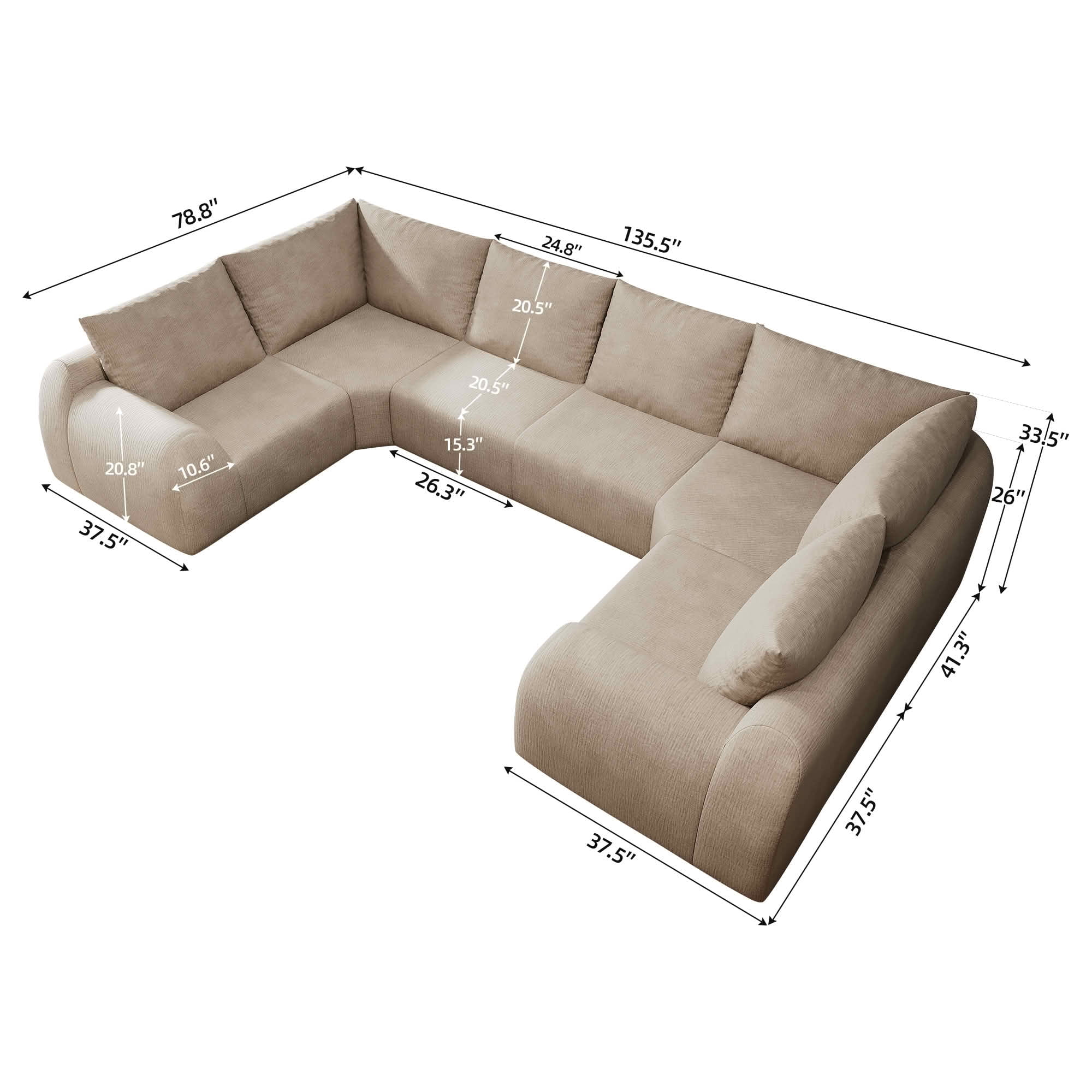 MAYEERTY 135.5 Inch 6-Seat U Shape Cloud Modular Sectional Sofa, Vacuum Compressed Chenille Fabric Couch, No Assembly Needed for Living Room