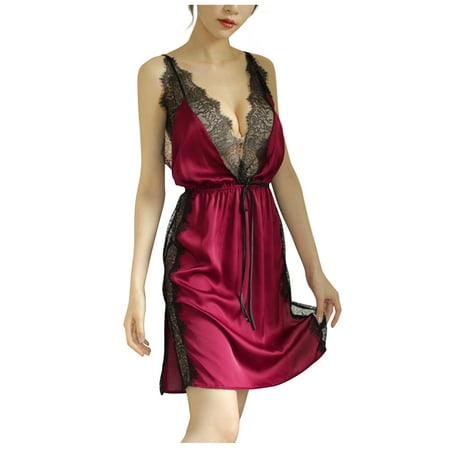 

Women Lingerie Satin Babydoll Sides Split Eyelash Lace Chemise Elastic Lace-up Nightgown Deep V-Neck Nightwear