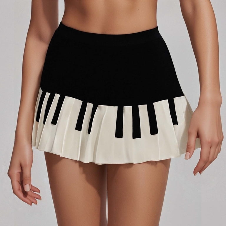 XIAONU Womens Skirts Black White Piano Pleated Skirt High Waist
