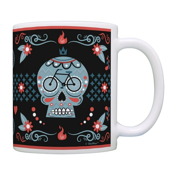 ThisWear Bicyclist Gifts Sugar Skull Bike Mug Bike Gifts for Men and Women Mountain Bike Lover Gifts Bike Cup Cyclist Mug Coffee Mug Sugar Skull