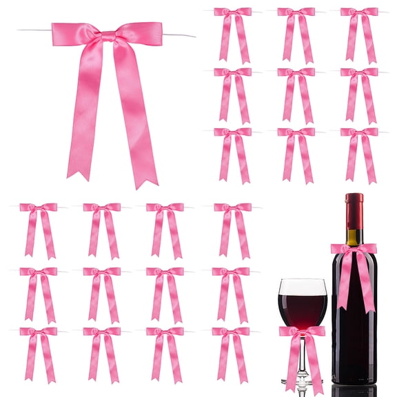 60Pcs Satin Ribbon Bows 5x7 Inch Pink Twist Tie Bowknot Gift Wrapping Premade Ribbon with Double Sided Tape