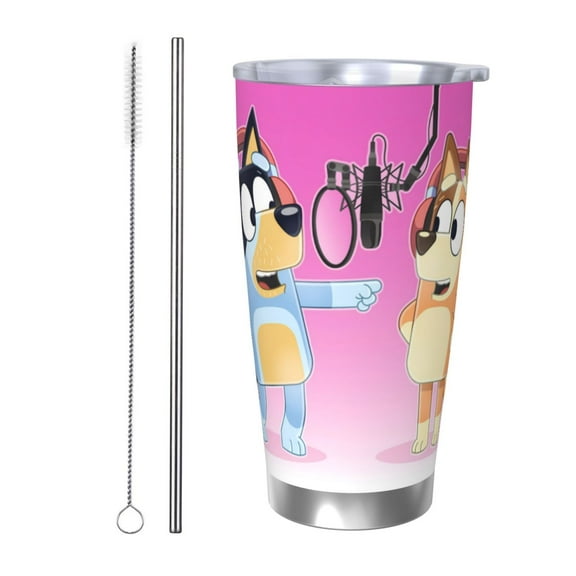 Masiiu Bluey Print 20OZ Car Cup for Travel, Insulated Stainless Steel Cup, Leak-Proof Lid with Straw and Direct Drinking Opening-Straw Two-piece Set