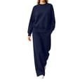 thumbnail image 2 of Costeam Women Crew Neck Long Sleeve Top Wide Leg Pants 2 Piece Outfit Set Soft Stretch Knit Loungewear Tracksuit with Side Pockets Loose Fit Casual Daily Outdoor Bottom Sets, 2 of 6