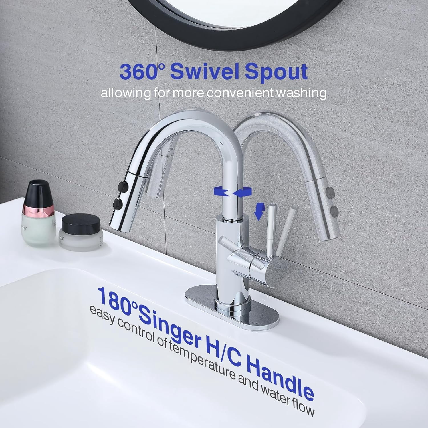Bathroom Sink Faucet with Pull Down Sprayer, Chrome Single Handle Pull Out Faucet with Pop-Up Drain, 1 or 3 Hole Laundry Bar Basin Faucet with Deck Plate