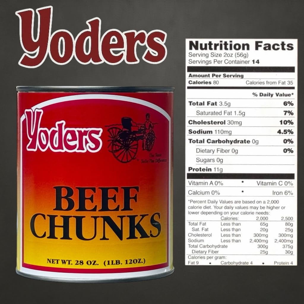 (6-Pack) Yoder’s Fully Cooked Beef Chunks, 28 oz #2.5 Can – 10.5 lbs Total, 10-Year Shelf Life, Emergency Food Storage, Camping & Meal Prep, Made in USA
