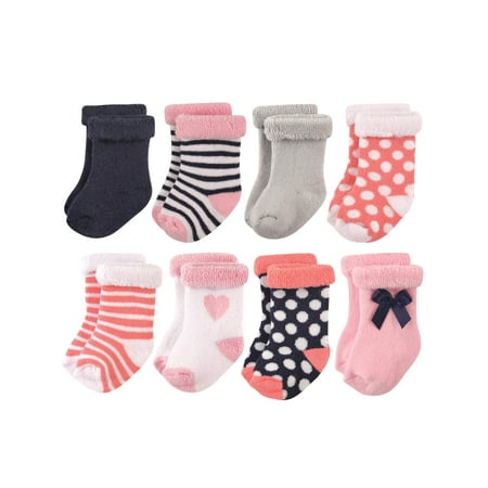 Terry Cloth Roll Cuff Crew Socks, 8-Pack (Baby Girls)