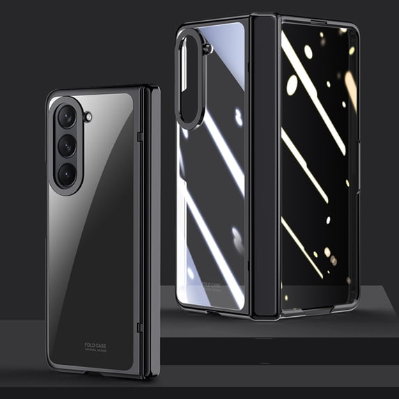 for Samsung Galaxy Z Fold 5 2023 Case with Hinge Protection, Ultra Thin Transparent Plating PC Crystal Cover Front Glass Magnetic All-Inclusive Case for Samsung Galaxy Z Fold 5, Anti Peeping Black