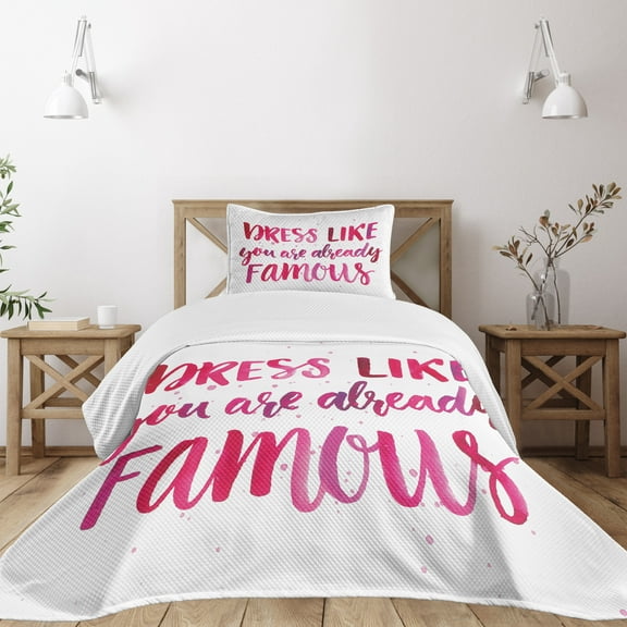 Ambesonne Inspirational Quilted Bedspread Set 2 Pcs, Fashion Words, Twin Size, Pink Fuchsia