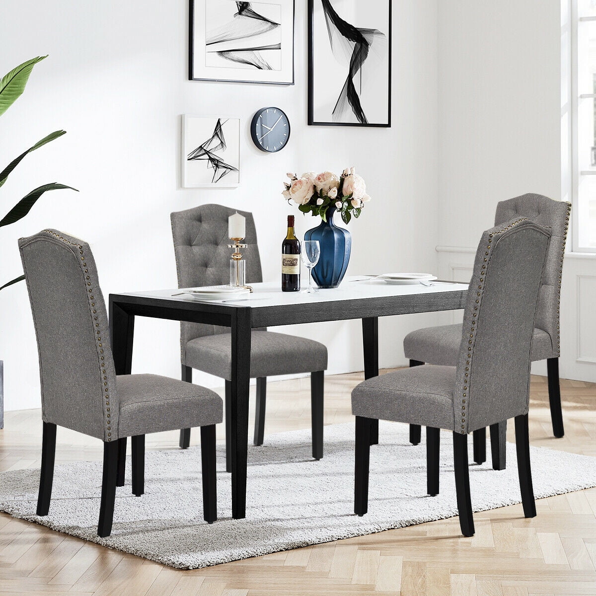 Gymax Set of 4 Tufted Upholstered Dining Chair w/ Nailhead Trim & Rubber Wooden Legs
