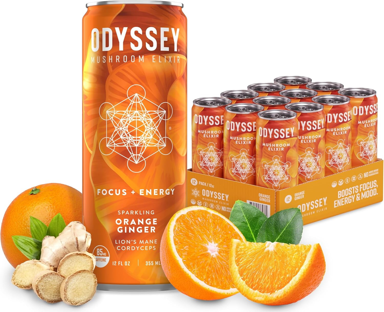 (Pack of 12), Odyssey Elixir Sparkling Energy Drink - Orange Ginger, 12 fl oz