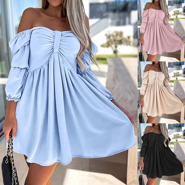 Gspmoly Robes d'Été, Mode Femmes Décontracté Uni Manches 3/4 Épaules à Volants Robe Mini Robes Formelles pour Femmes Liquidation