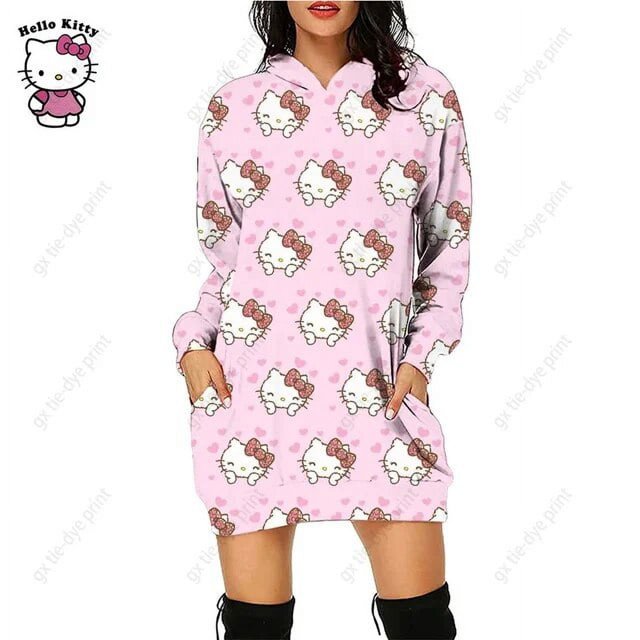Nouveau Chandail à Capuchon Léopard Hello Kitty Femme Simple Col Rond Polyvalent Chandail Long Bureau Décontracté Ample Chandails à Capuchon Robe d'Automne