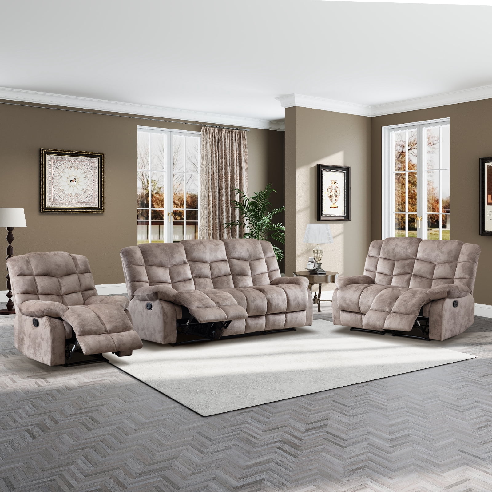 Bonzy Home Manual Reclining Living Room Furniture Set, Adjustable Backrest Chair, Loveseat & 3-Seat Sofa Couch for Home Interior Use