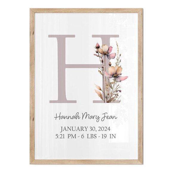 Personalized Baby Gift - Wall Art Framed Print by Oak & Alder - Size 8x10 inches. Light Oak Frame included