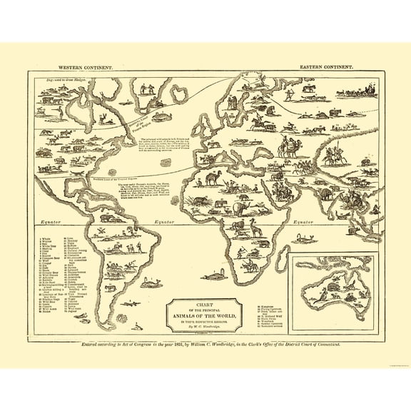 Historic Map - World Animals - Woodbridge 1831 - 28.97 x 23 - Vintage Wall Art