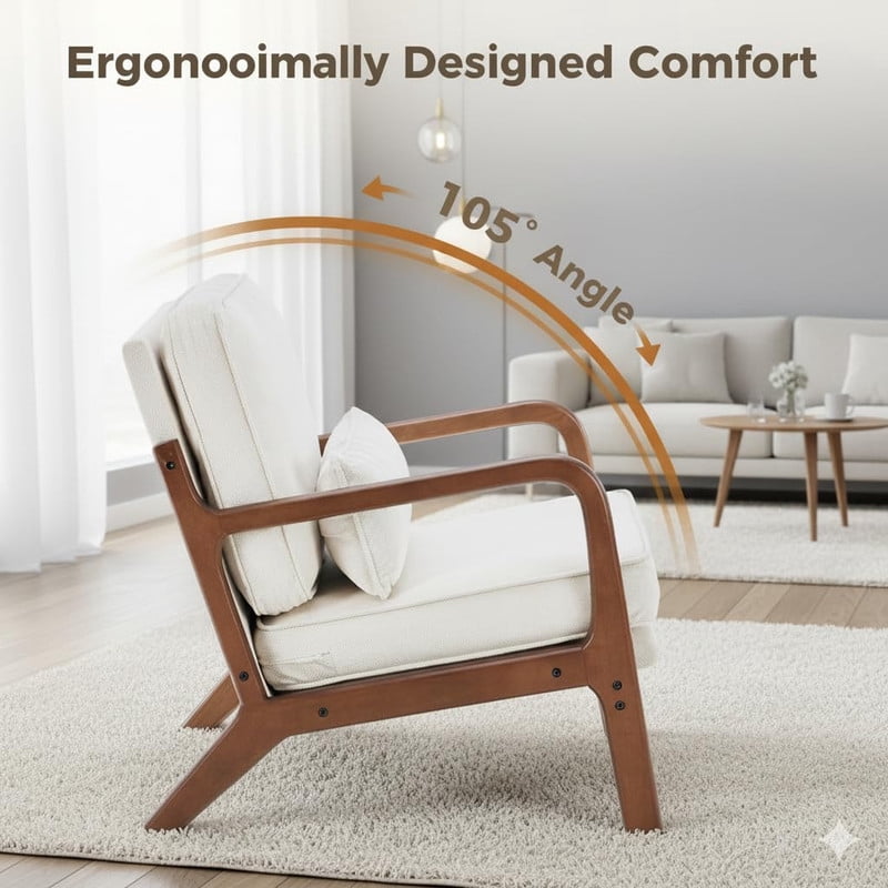 Simple Deluxe Accent Chair with Arms and Waist Pillow, Mid Century Modern Lounge Chair with Solid Wood Frame for Living Room, Bedroom, Cream