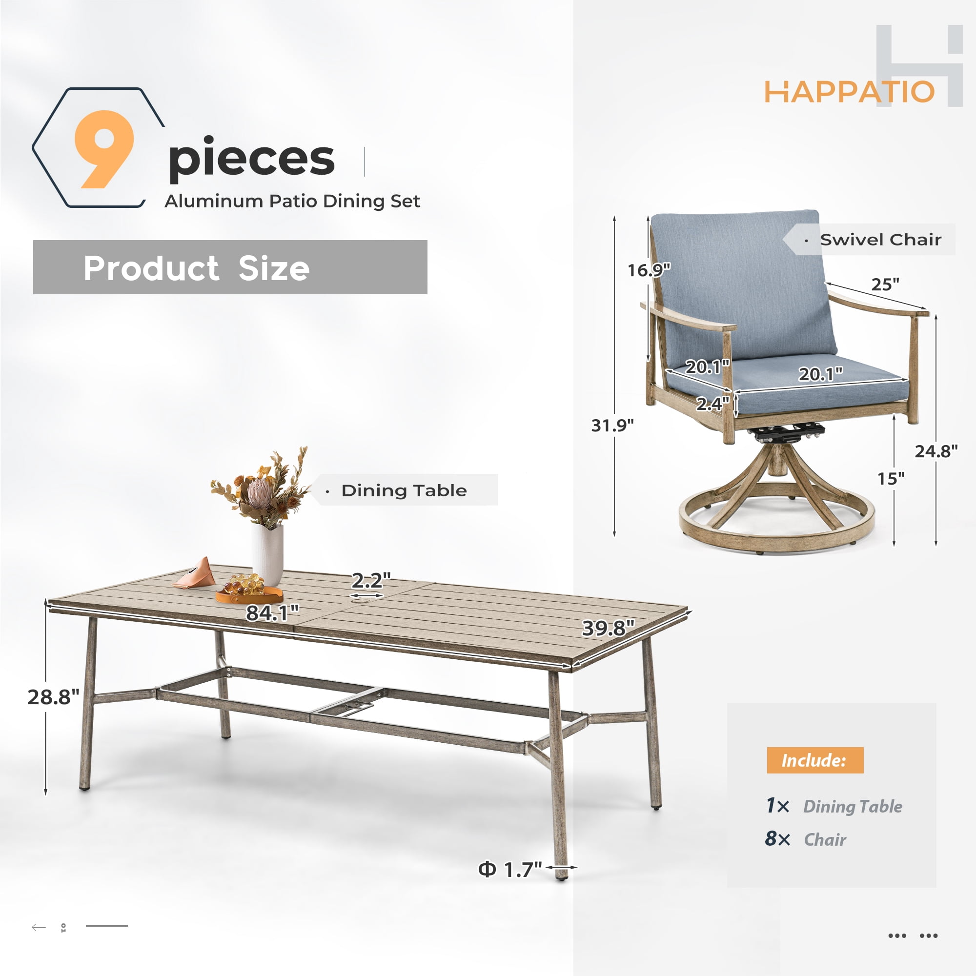 HAPPATIO 9-Piece Patio Dining Set for 8, Aluminum Outdoor Dining Set with Cushions, 8 Swivel Dining Chairs, 1 Large Rectangular Table with Umbrella Hole for Lawn, Porch, Backyard, Brown