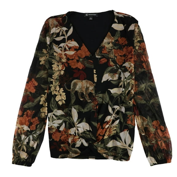 I.N.C Womens Printed Twisted Front Pullover Blouse, Black, Small