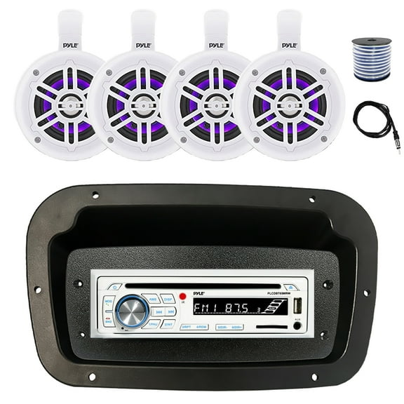 Pyle PLCDBT65 Single DIN Bluetooth Marine CD Stereo Receiver, Spa bezel, Adapter Plate, 22" Radio Antenna, Wire, 4x 4" 300W Max Bluetooth Waterproof Wakeboard LED Tower Speakers (White)