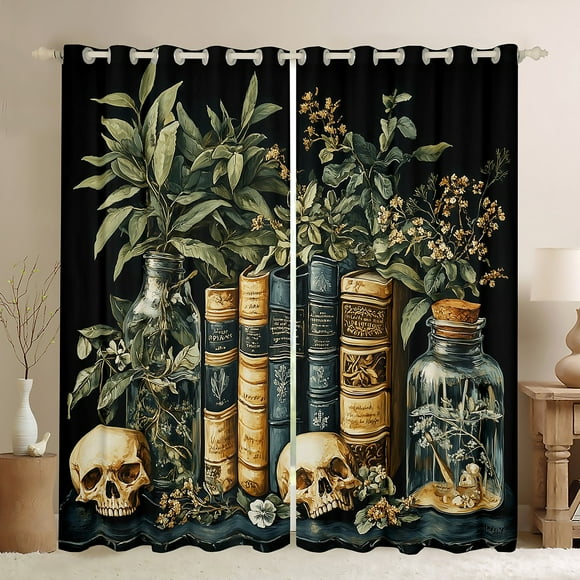 Erosebridal Gothic Skull Curtains and Drapes (52x84), Leaf Plant 30%-50% Blackout Curtains for Bedroom, Western Book Curtains for Living Room, Window Curtains Bedroom Decoration