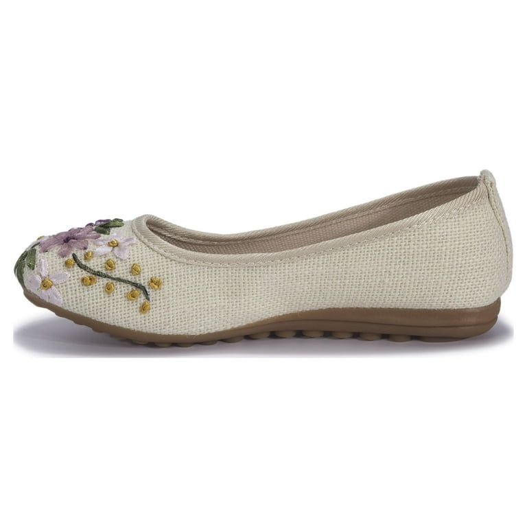 DODOING Womens Ballet Flats Floral Embroidered Cut Platform Shoe Slip On  Flats Casual Driving Loafers Shoes, Khaki/ White/ Navy Blue, 4-10 Size