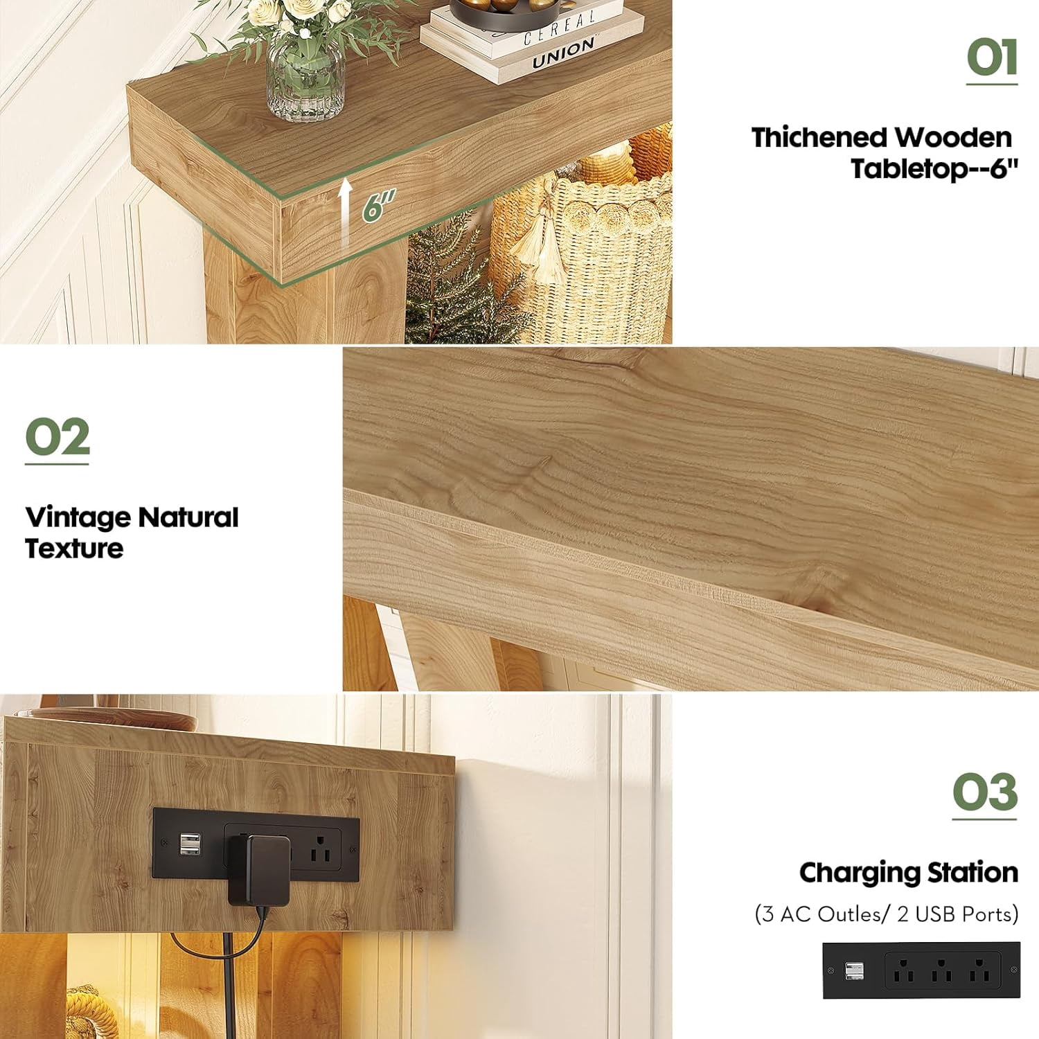 iSunirm 63" Farmhouse Console Table with Power Outlets and Sensor Light, Wooden Narrow Entryway Table with Storage for Entrance, Hallway, Living Room