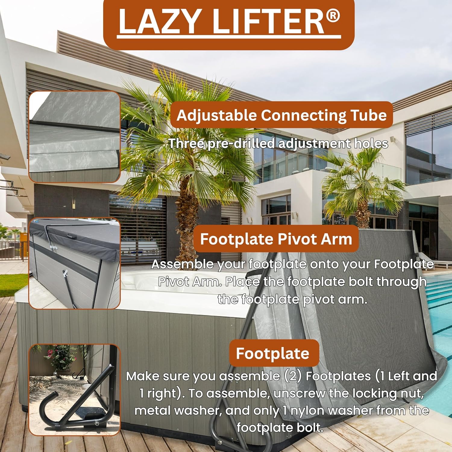 Outdoor Solutions Inc. Lazy Lifter® Heavy-Duty Hot Tub Cover Lifter, Spa Cover Lift for 6'-8' Hot Tubs, Extra Large Footplate for Stability That Fits Under The Tub