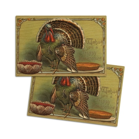 

Wishing You a Happy Thanksgiving Turkey by Punch and Pie Vintage Holiday Art (4x6 Birch Wood Postcards 2-Pack Stationary Rustic Home Wall Decor)
