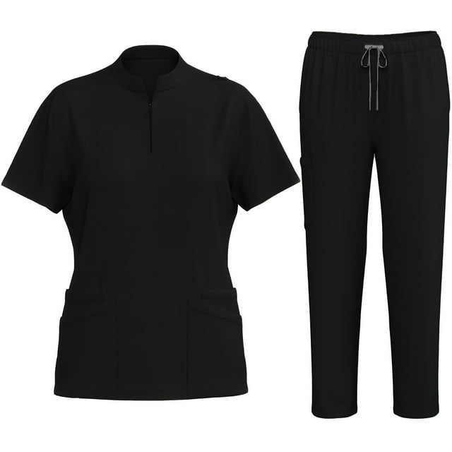 Uniforme d'Infirmière Extensible Ensemble 2 Pcs Femme à la Mode avec Chemise à Fermeture Éclair et Pantalon Tenue de Travail Médicale