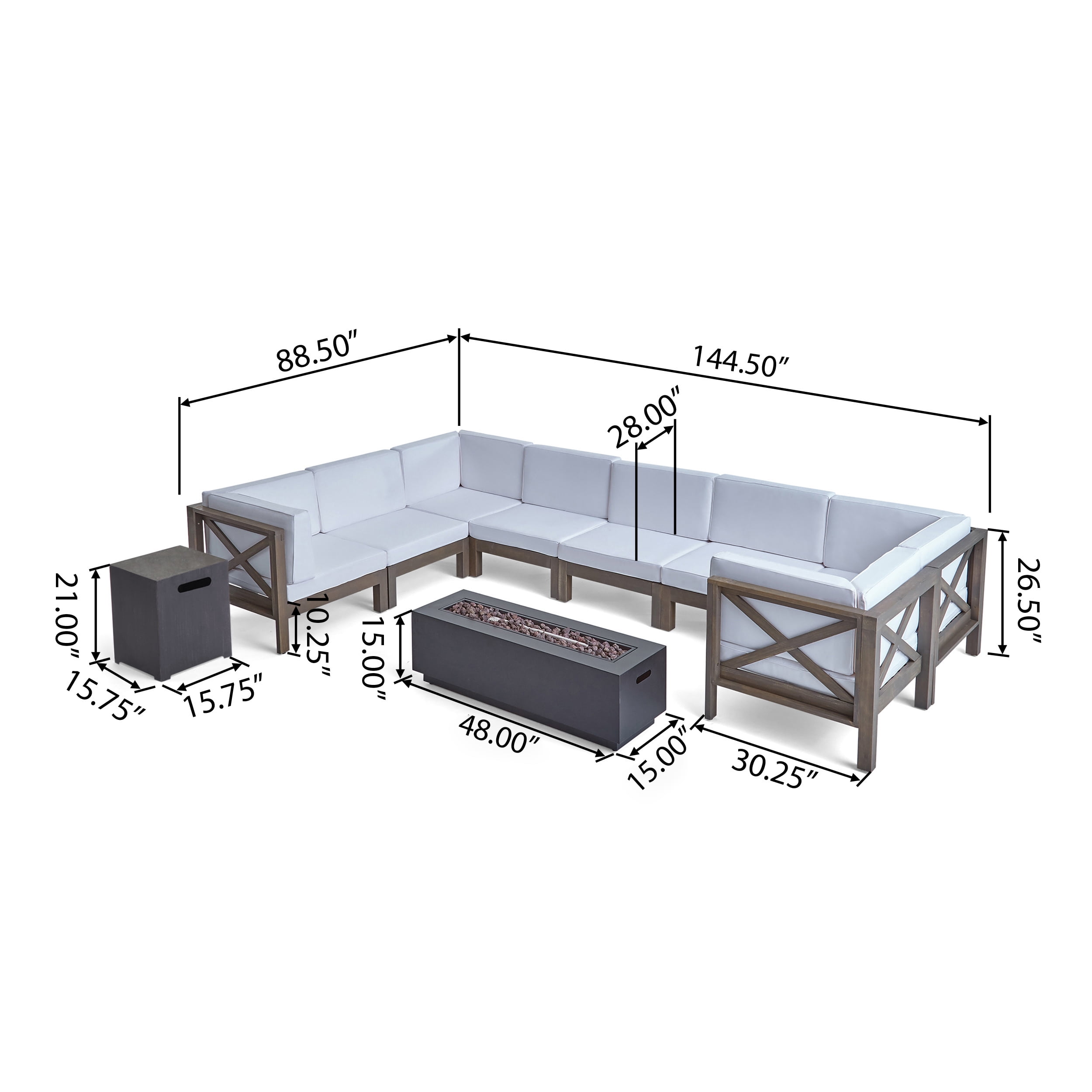 Kobe Outdoor 10 Piece Acacia Wood Sectional Sofa Set with Cushions and Fire Pit, Gray, White, Dark Gray