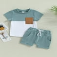 thumbnail image 2 of Toddler Boys Summer Outfit Sets Short Sleeve Contrast Color Tops + Baby Boys Solid Color Drawstring Shorts Set Black 0-6 Months, 2 of 8