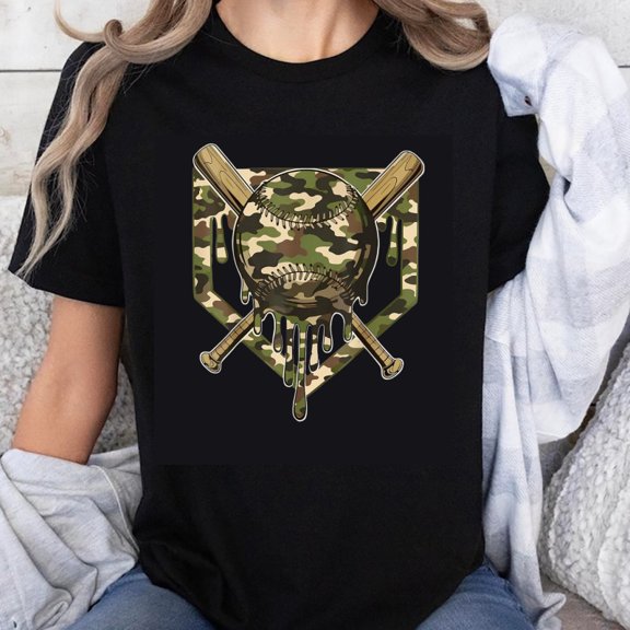 100% Cotton Baseball Camo Crossed Bats Pattern T-Shirt