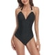 thumbnail image 5 of Bikini negro ajustado sin espalda con control de abdomen, traje de baño sin aros - Traje de baño negro XL con escote en V profundo fruncido, 5 of 8