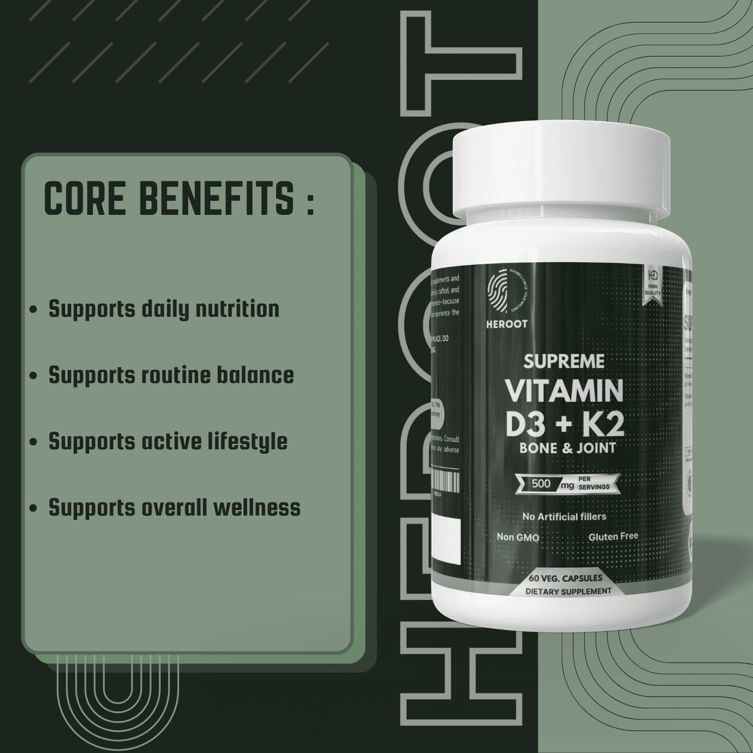 Heroot Vitamin D3 + K2 Capsules | 125 mcg D3 & 100 mcg K2 per Capsule | 120 Veg Capsules | 120 Servings | Daily Supplement